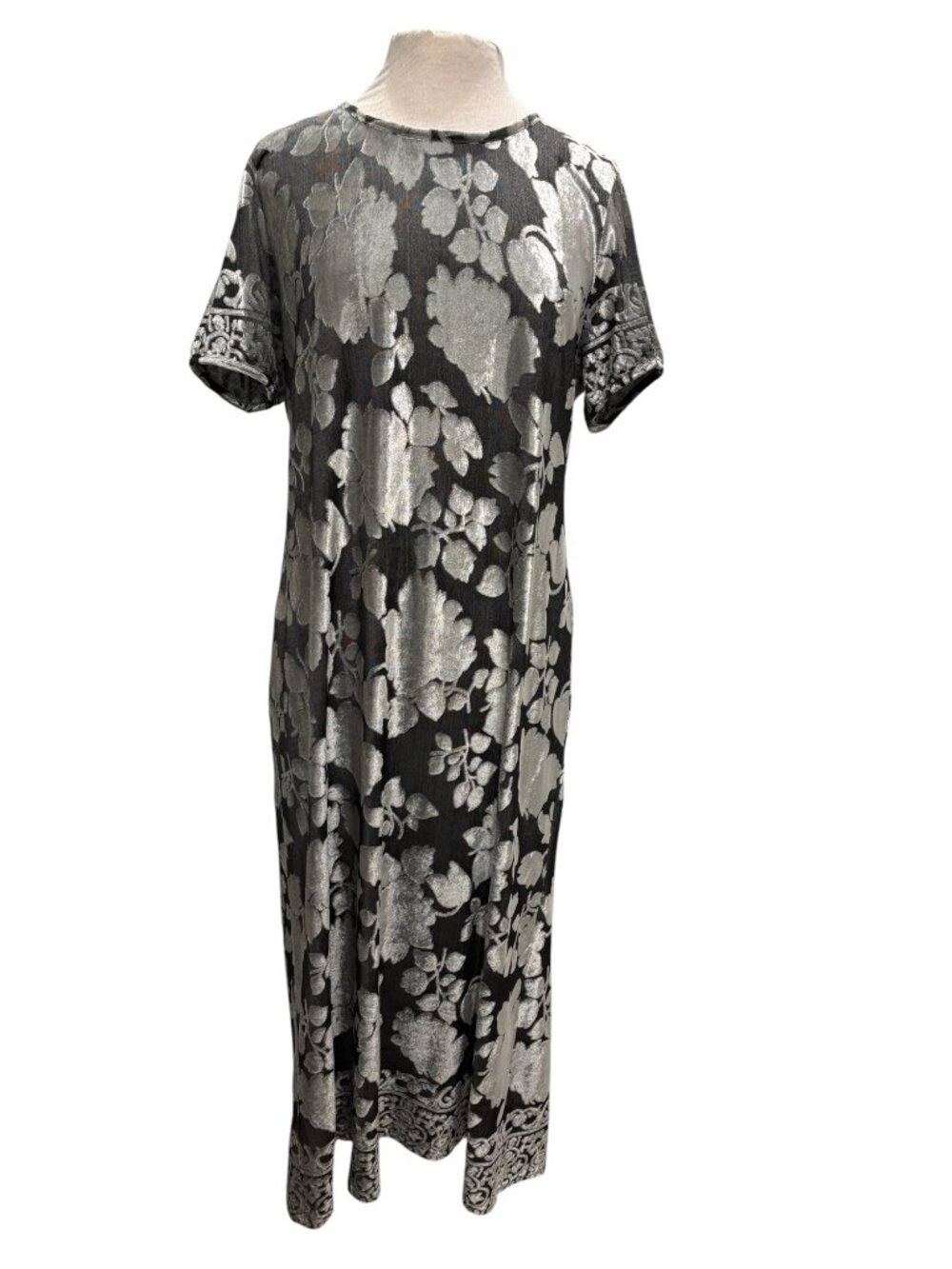 Vintage CW Rose Woman Silver Floral Metallic Maxi Dress Boho Art to Wear XL - Picture 2 of 9